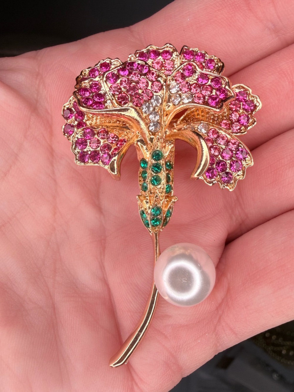Gold-Tone Pink Crystal Floral Brooch with Pearl Accent
